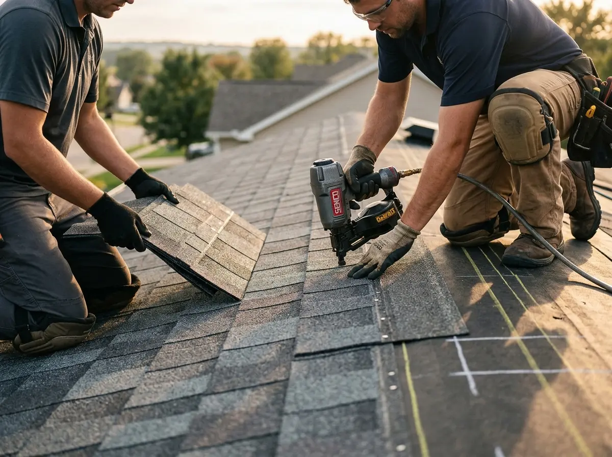 Professional roofer working on a residential roof in Oak Brook